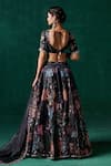 LASHKARAA_Black Georgette Print Floral Plunge V-neck Lace Embroidered Kalidar Lehenga Set _Online_at_Aza_Fashions