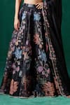 Buy_LASHKARAA_Black Georgette Print Floral Plunge V-neck Lace Embroidered Kalidar Lehenga Set _Online_at_Aza_Fashions