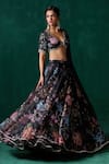 Shop_LASHKARAA_Black Georgette Print Floral Plunge V-neck Lace Embroidered Kalidar Lehenga Set _at_Aza_Fashions