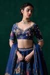 Shop_LASHKARAA_Blue Georgette Print Floral Leaf Mirror Embroidered Blouse And Lehenga Set _at_Aza_Fashions