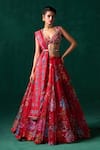 Buy_LASHKARAA_Red Georgette Print Floral Queen Zari Embroidered Blouse And Kalidar Lehenga Set _at_Aza_Fashions