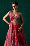 Shop_LASHKARAA_Red Georgette Print Floral Queen Zari Embroidered Blouse And Kalidar Lehenga Set _at_Aza_Fashions