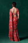 LASHKARAA_Red Satin Print Floral Leaf Sequin Embroidered Blouse With Pre Draped Saree _Online_at_Aza_Fashions