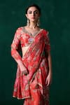 Buy_LASHKARAA_Red Satin Print Floral Leaf Sequin Embroidered Blouse With Pre Draped Saree _Online_at_Aza_Fashions