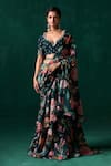 Buy_LASHKARAA_Green Chiffon Print Floral Leaf Ruffle Pre-draped Saree With Blouse _at_Aza_Fashions