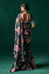 LASHKARAA_Green Chiffon Print Floral Leaf Ruffle Pre-draped Saree With Blouse _Online_at_Aza_Fashions