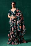 Buy_LASHKARAA_Green Chiffon Print Floral Leaf Ruffle Pre-draped Saree With Blouse _Online_at_Aza_Fashions