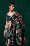 Shop_LASHKARAA_Green Chiffon Print Floral Leaf Ruffle Pre-draped Saree With Blouse _at_Aza_Fashions