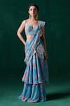 Buy_LASHKARAA_Blue Chiffon Print Floral Leaf Embroidered Ruffle Pre-draped Saree With Blouse _at_Aza_Fashions