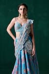 Shop_LASHKARAA_Blue Chiffon Print Floral Leaf Embroidered Ruffle Pre-draped Saree With Blouse _at_Aza_Fashions