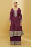 Samyukta Singhania_Wine Silk, Georgette Zari, Sequins, Embroidery Scoop And Anarkali Palazzo Set_Online_at_Aza_Fashions