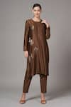 Buy_Joy Mitra_Brown Chanderi Embroidered Sequin Round Floral Blossom Kurta With Pant _at_Aza_Fashions