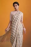 Shop_Dressfolk_Beige Linen Checkered Aaina Handloom Saree With Unstitched Blouse Piece _at_Aza_Fashions