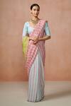 Buy_Dressfolk_Pink Linen Striped Sadabahar Candy Saree With Unstitched Blouse Piece _at_Aza_Fashions