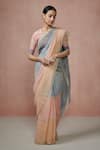 Buy_Dressfolk_Peach Linen Colorblocked Suhana Saree With Unstitched Blouse Piece _at_Aza_Fashions