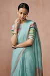 Shop_Dressfolk_Blue Linen Polka Fizaah Buti Woven Saree With Unstitched Blouse Piece _Online_at_Aza_Fashions