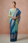 Buy_Dressfolk_Blue Linen Ombre Summer Sea Striped Saree With Unstitched Blouse Piece _at_Aza_Fashions