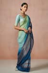 Dressfolk_Blue Linen Ombre Summer Sea Striped Saree With Unstitched Blouse Piece _Online_at_Aza_Fashions