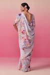 Shop_Dressfolk_Blue Linen Print Mystic Blossom Saree With Unstitched Blouse Piece _at_Aza_Fashions