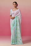 Buy_Dressfolk_Blue Linen Print Floral Garden Saree With Unstitched Blouse Piece _at_Aza_Fashions