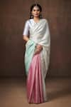 Buy_Dressfolk_Silver Tissue Plain Handloom Color Block Saree With Unstitched Blouse Piece _at_Aza_Fashions