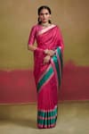 Buy_Dressfolk_Pink Silk Woven Stripe Tonal Pattern Saree With Unstitched Blouse Piece _at_Aza_Fashions