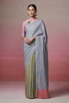 Buy_Dressfolk_Green Linen Woven Striped Saree With Unstitched Blouse Piece _at_Aza_Fashions