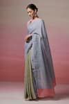 Shop_Dressfolk_Green Linen Woven Striped Saree With Unstitched Blouse Piece _Online_at_Aza_Fashions