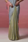 Buy_Dressfolk_Green Linen Woven Striped Saree With Unstitched Blouse Piece 