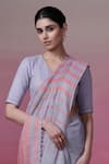 Dressfolk_Pink Linen Woven Stripe Pattern Saree With Unstitched Blouse Piece _Online_at_Aza_Fashions