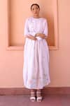 OurDve_White Cotton And Chanderi Embroidery Floral Zeno Smocked Placket Dress For Kids (For Kids)_Online_at_Aza_Fashions