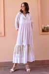 Buy_OurDve_White Cotton Embroidered Floral Lapel Collar Charlotte Panel Tiered Dress _Online_at_Aza_Fashions