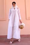 Buy_OurDve_White Cotton Embroidered Floral Flat Collar Esme Print Dress _at_Aza_Fashions