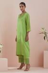 Vinusto_Green , Satin Embroidery, Lace Split V-neck Kurta Pant Set _Online_at_Aza_Fashions