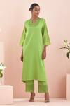 Buy_Vinusto_Green , Satin Embroidery, Lace Split V-neck Kurta Pant Set _Online_at_Aza_Fashions