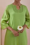 Shop_Vinusto_Green , Satin Embroidery, Lace Split V-neck Kurta Pant Set _Online_at_Aza_Fashions