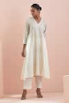 Vinusto_Off White Cotton, Handloom Cotton, Asymmetric Hem Kalidar Anarkali Pant Set _at_Aza_Fashions