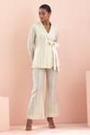 Buy Vinusto Off White Cotton Embroidery Collared Weave Pattern Tie-up Jacket And Pant Set at Aza Fashions Buy_Vinusto_Off White Cotton Embroidery Collared Weave Pattern Tie-up Jacket And Pant Set _at_Aza_Fashions