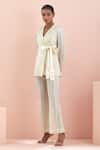 Shop Vinusto Off White Cotton Embroidery Collared Weave Pattern Tie-up Jacket And Pant Set Online at Aza Fashions Shop_Vinusto_Off White Cotton Embroidery Collared Weave Pattern Tie-up Jacket And Pant Set _Online_at_Aza_Fashions