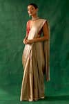 Shop_Vinusto_Beige Handwoven Zari Silk Plunging V Saree With Blouse _at_Aza_Fashions