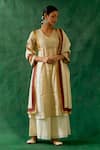 Buy_Vinusto_Gold Zari Silk V Neck Woven Striped Kurta Palazzo Set _at_Aza_Fashions