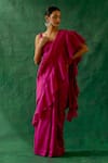 Buy_Vinusto_Pink Handwoven Chanderi Square Ruffle Saree Set _at_Aza_Fashions