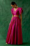 Shop_Vinusto_Pink Handwoven Chanderi V-neck Ruffle Blouse With Lehenga _Online_at_Aza_Fashions