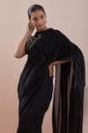 Vinusto_Black Chanderi Peter Pan Collar Handwoven Pintucks Saree With Blouse _Online_at_Aza_Fashions