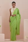 Buy_Vinusto_Green Cotton Block Print Stripe Floral Embroidered Scallop Saree With Blouse _at_Aza_Fashions