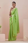 Vinusto_Green Cotton Block Print Stripe Floral Embroidered Scallop Saree With Blouse _at_Aza_Fashions