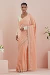 Buy_Vinusto_Peach Cotton Block Print Stripe Floral Thread Embroidered Saree With Blouse _at_Aza_Fashions