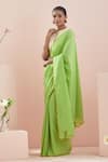 Buy_Vinusto_Green Cotton Embroidery Floral Thread Scallop Saree _at_Aza_Fashions