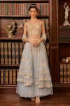 Buy_Cherie D_Blue Tulle Threadwork Pearl Sweetheart Discreet Ambrosia Embroidered Lehenga Set _at_Aza_Fashions