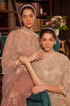 Cherie D_Pink Tulle Embroidery Crystals U Neck Enigma Rose Gul Cape Draped Skirt Set _Online_at_Aza_Fashions